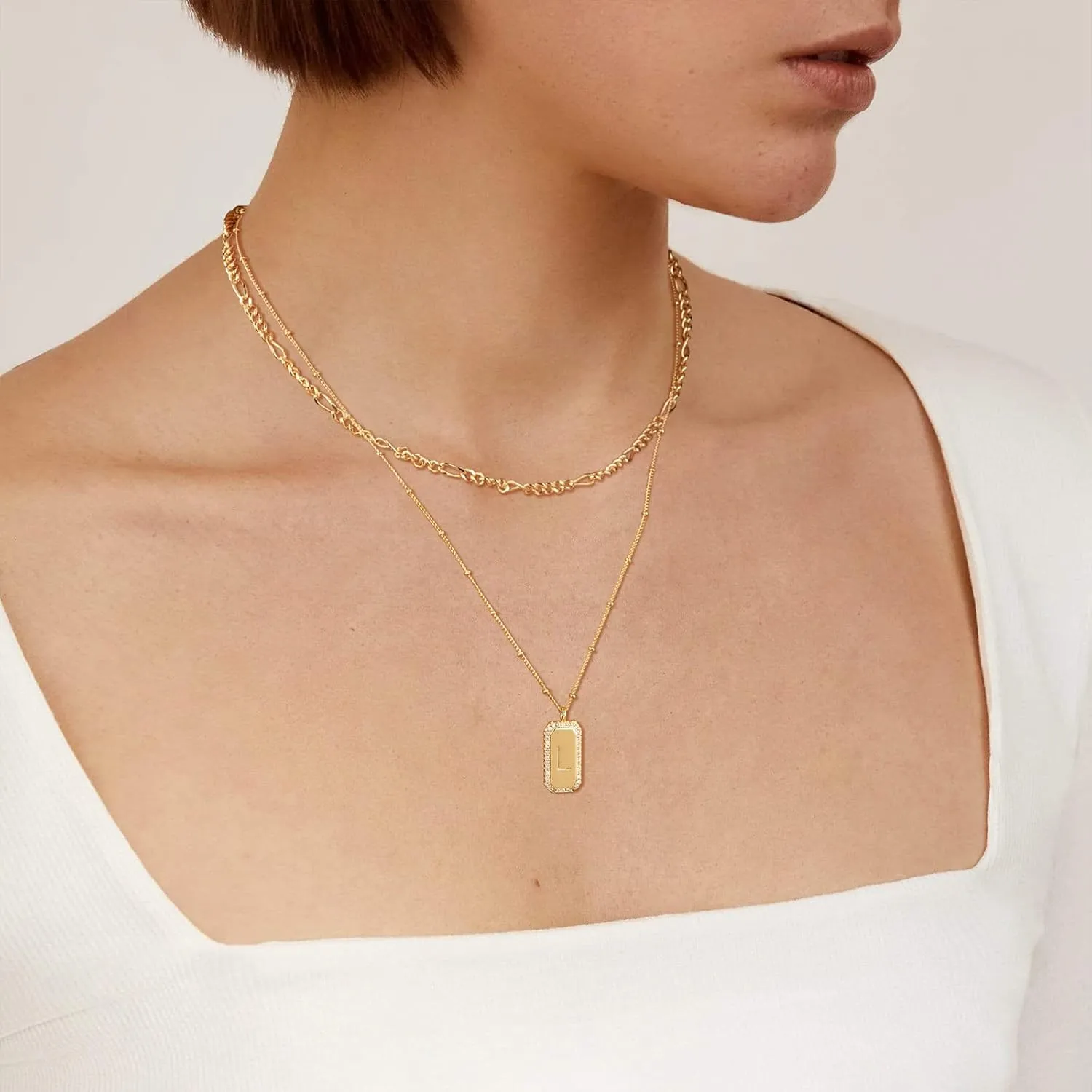 Gold Initial Necklace for Women 14K Gold Plated Figaro Chain Choker Layered Necklaces Set Bar Rectangle Pendant Necklaces Simple Dainty Letter Necklace Everyday Gold Jewelry