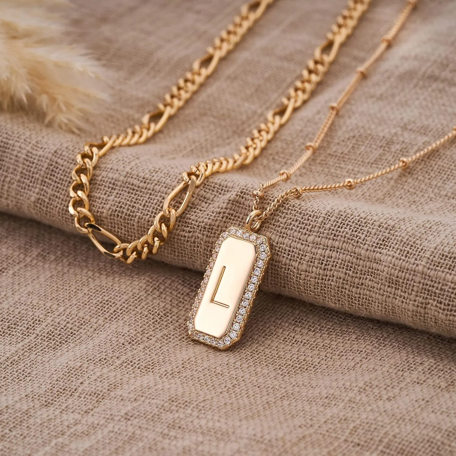 Gold Initial Necklace for Women 14K Gold Plated Figaro Chain Choker Layered Necklaces Set Bar Rectangle Pendant Necklaces Simple Dainty Letter Necklace Everyday Gold Jewelry