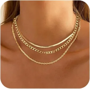 Gold Layered Necklace for Women,Herringbone 14k Gold Plated Stack Gold Chain Choker Necklace Chunky Fashion Gold Jewelry Simple Waterproof Necklace for Women Gifts