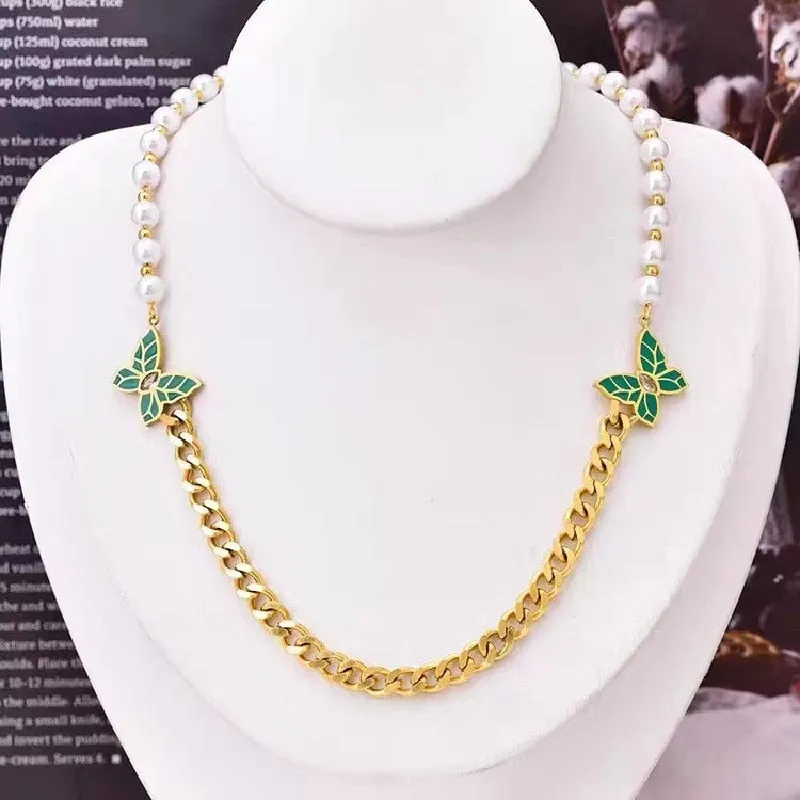 Gold Plated Elegant Butterfly Pearls Charm Necklace For Women