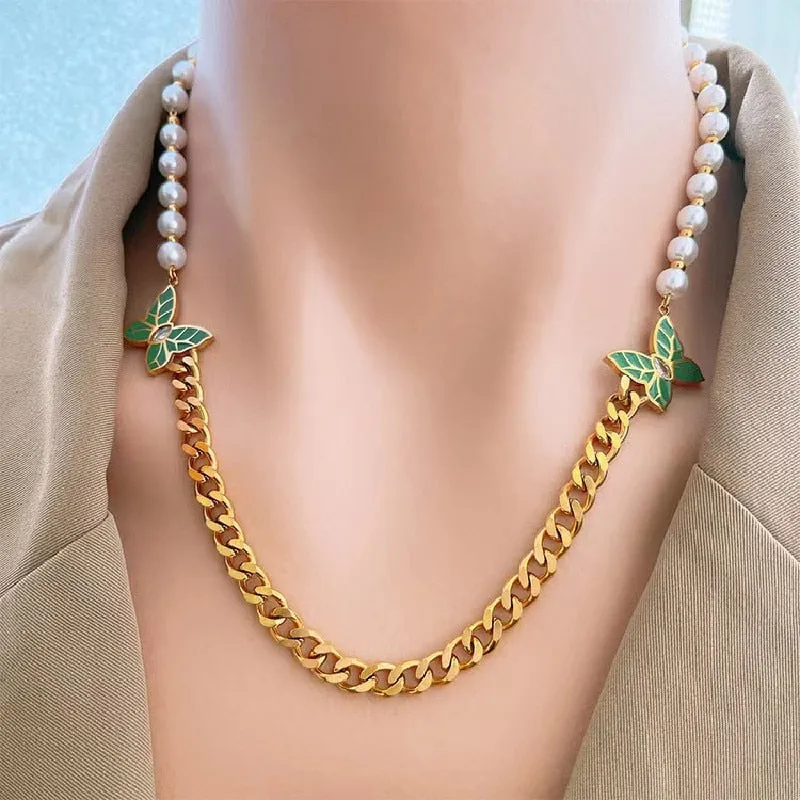 Gold Plated Elegant Butterfly Pearls Charm Necklace For Women
