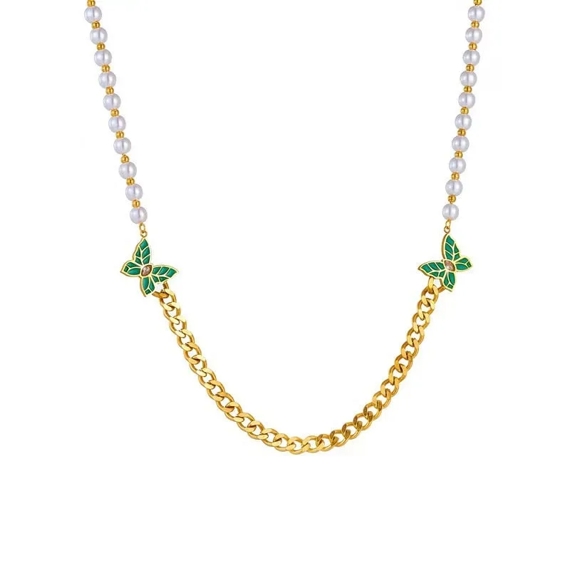 Gold Plated Elegant Butterfly Pearls Charm Necklace For Women