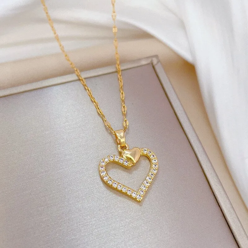 Gold Plated Hollow Out Heart Pendant Necklace For Women
