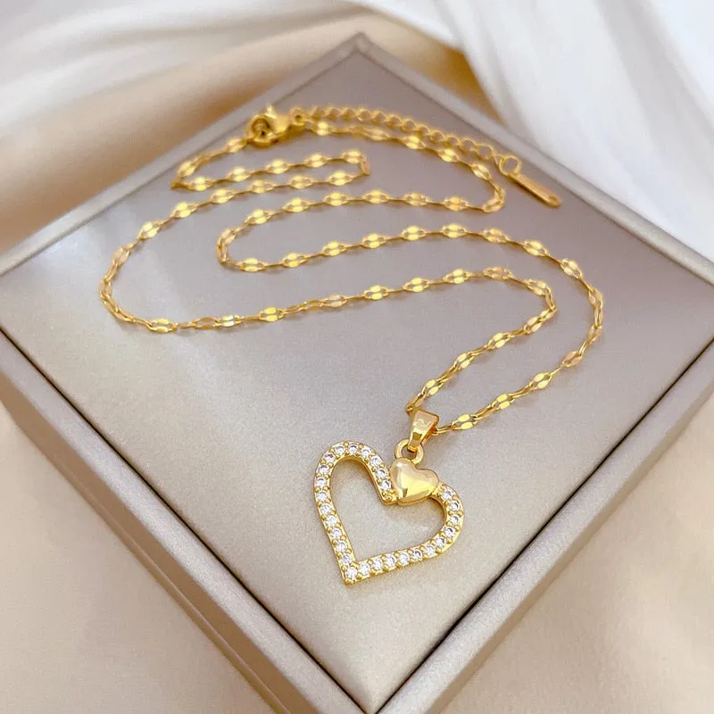 Gold Plated Hollow Out Heart Pendant Necklace For Women
