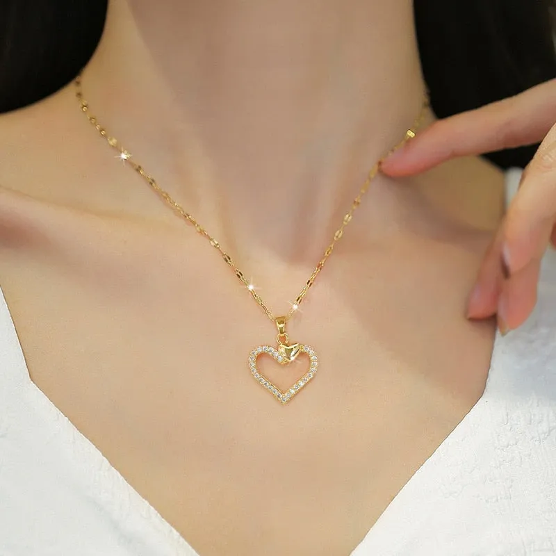 Gold Plated Hollow Out Heart Pendant Necklace For Women