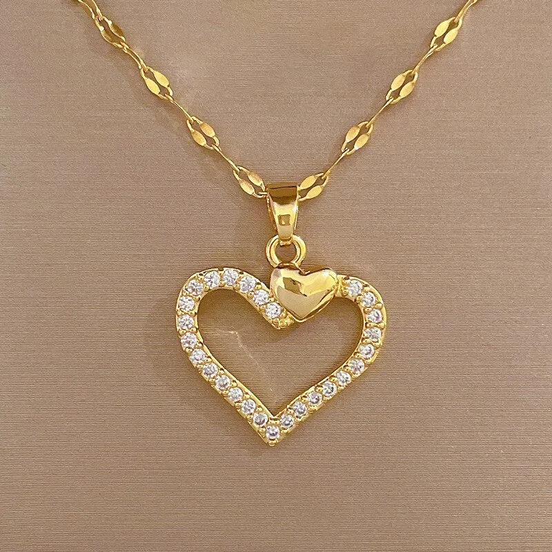 Gold Plated Hollow Out Heart Pendant Necklace For Women