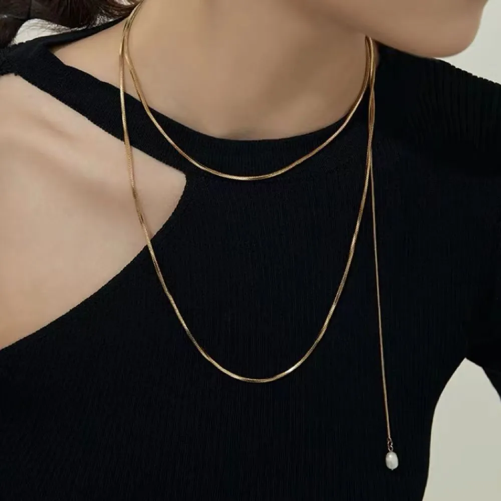 Gold Plated Overlength Chain Baroque Pearl Pendant Neckalce For Women