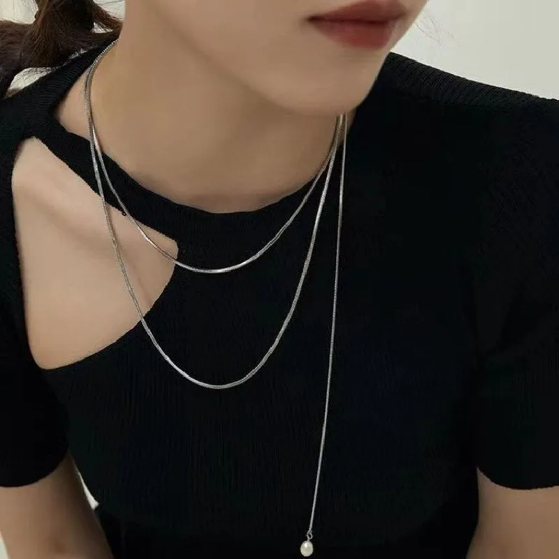 Gold Plated Overlength Chain Baroque Pearl Pendant Neckalce For Women