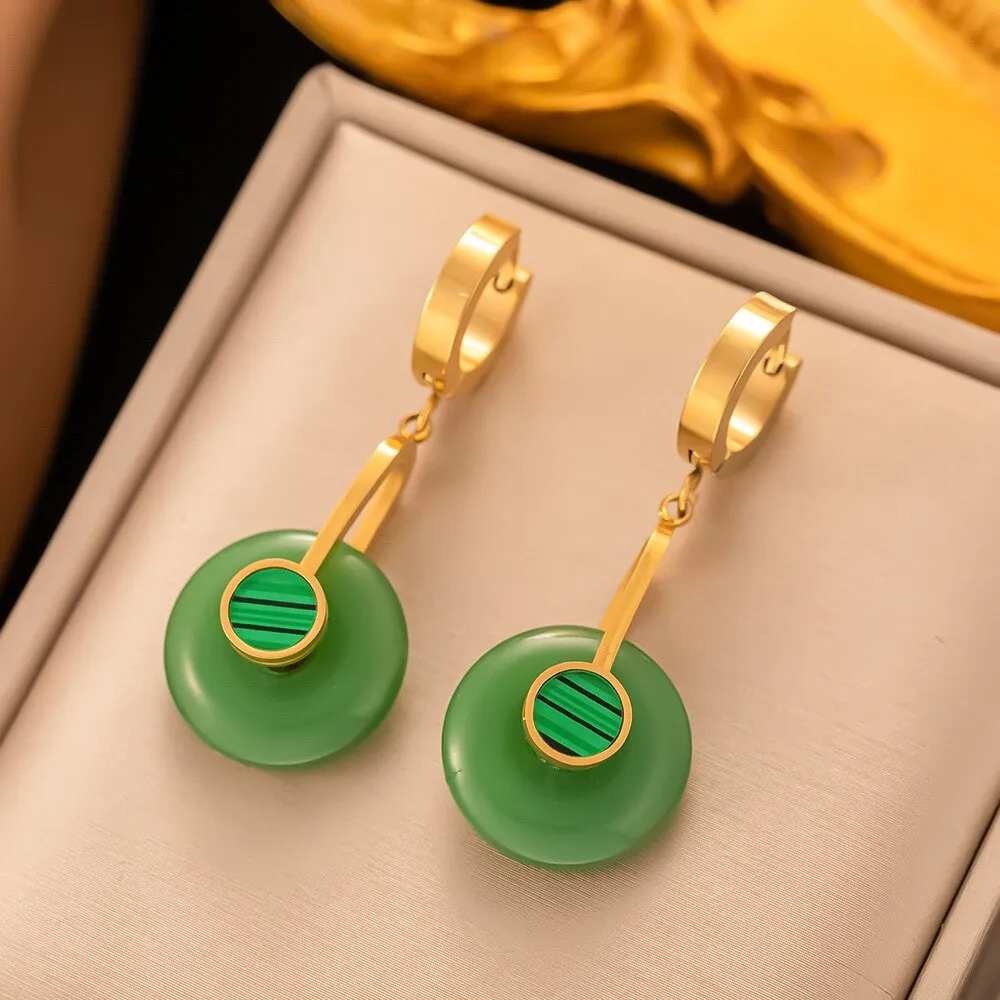 Gold Plated Senior Design Temperament Artificial Jade Drop Earrings For Women