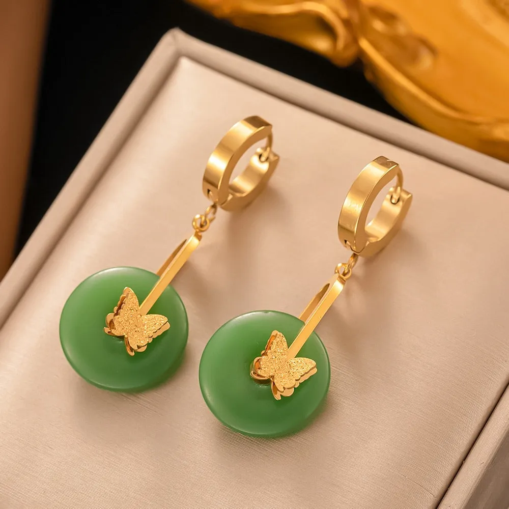 Gold Plated Senior Design Temperament Artificial Jade Drop Earrings For Women