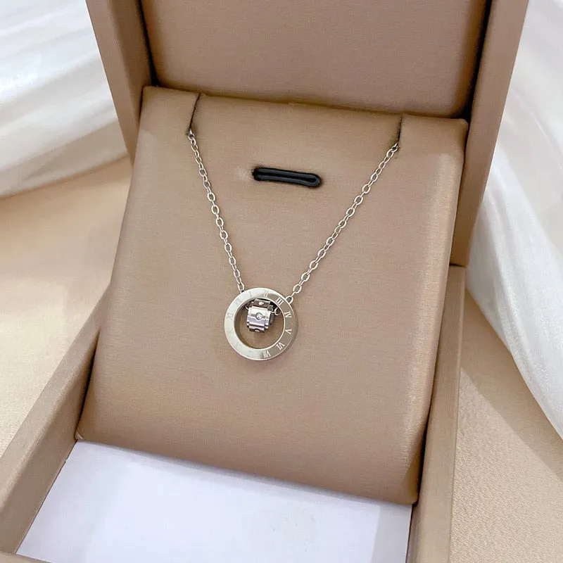 Gold Plated Temperament Roman Number Round Geometric Pendant Necklace For Women