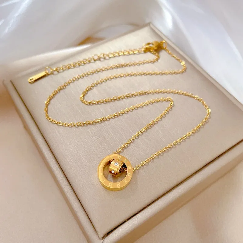 Gold Plated Temperament Roman Number Round Geometric Pendant Necklace For Women