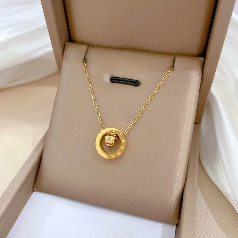 Gold Plated Temperament Roman Number Round Geometric Pendant Necklace For Women