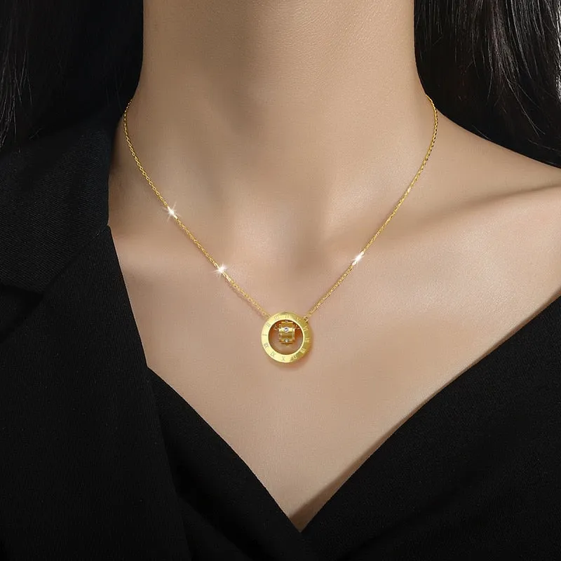 Gold Plated Temperament Roman Number Round Geometric Pendant Necklace For Women