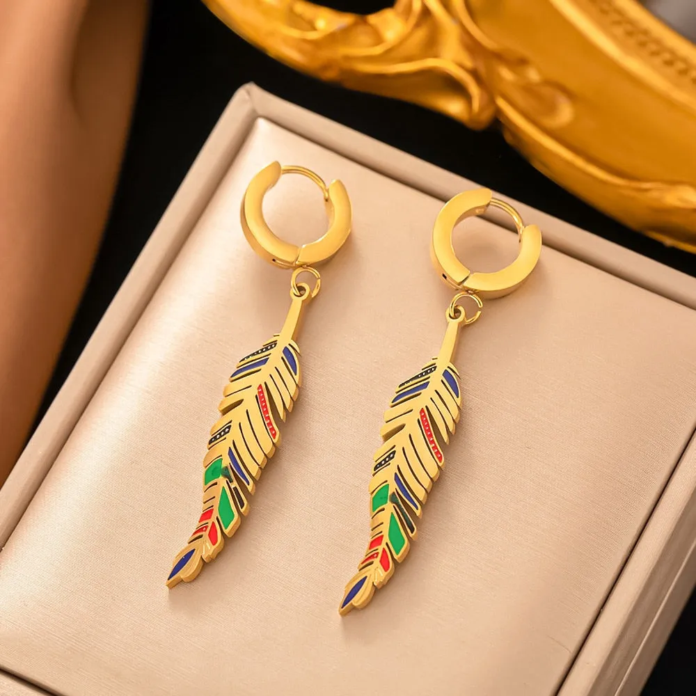 Gold Plated Vintage Temperament Butterfly Leaf Round Hoop Earrings For Women