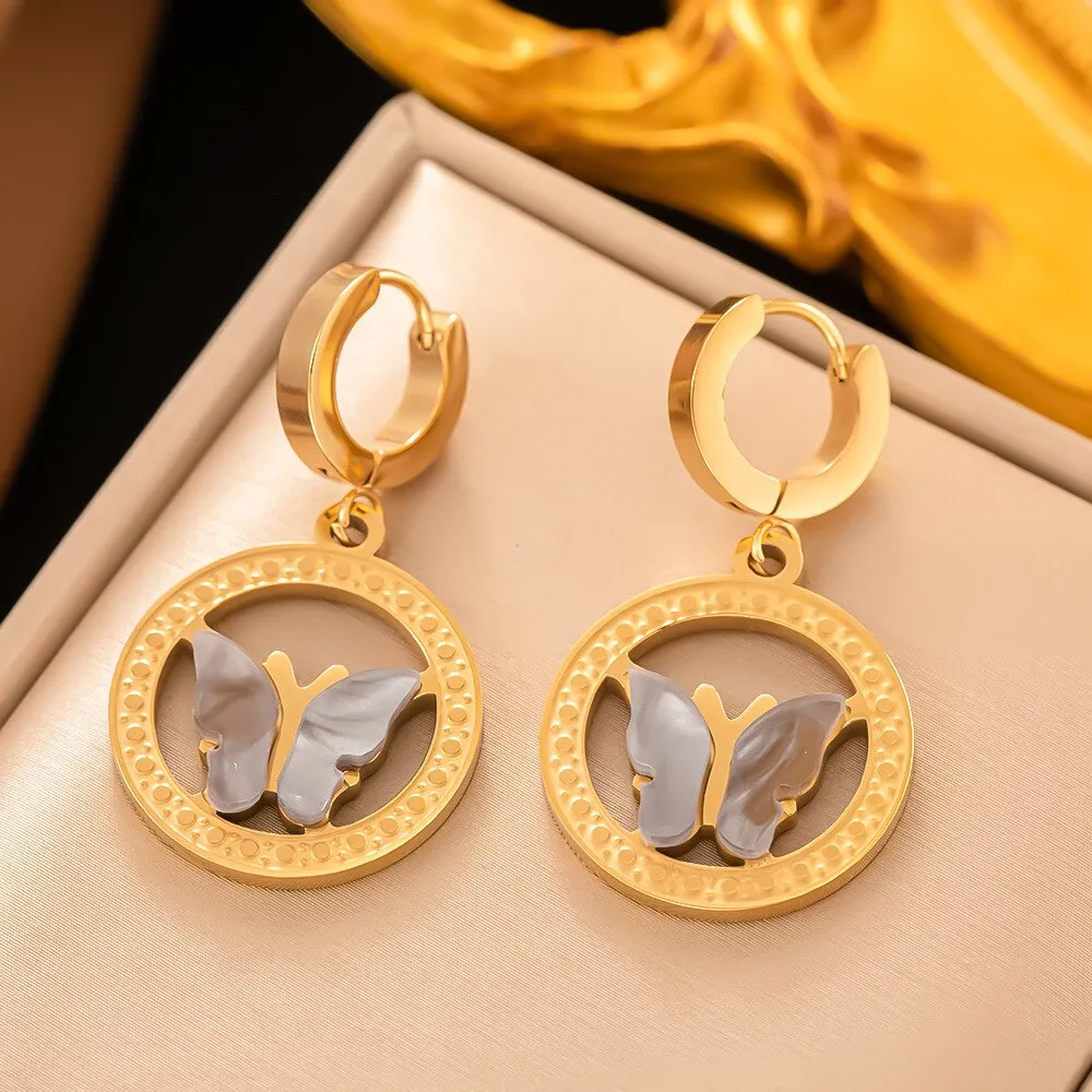 Gold Plated Vintage Temperament Butterfly Leaf Round Hoop Earrings For Women