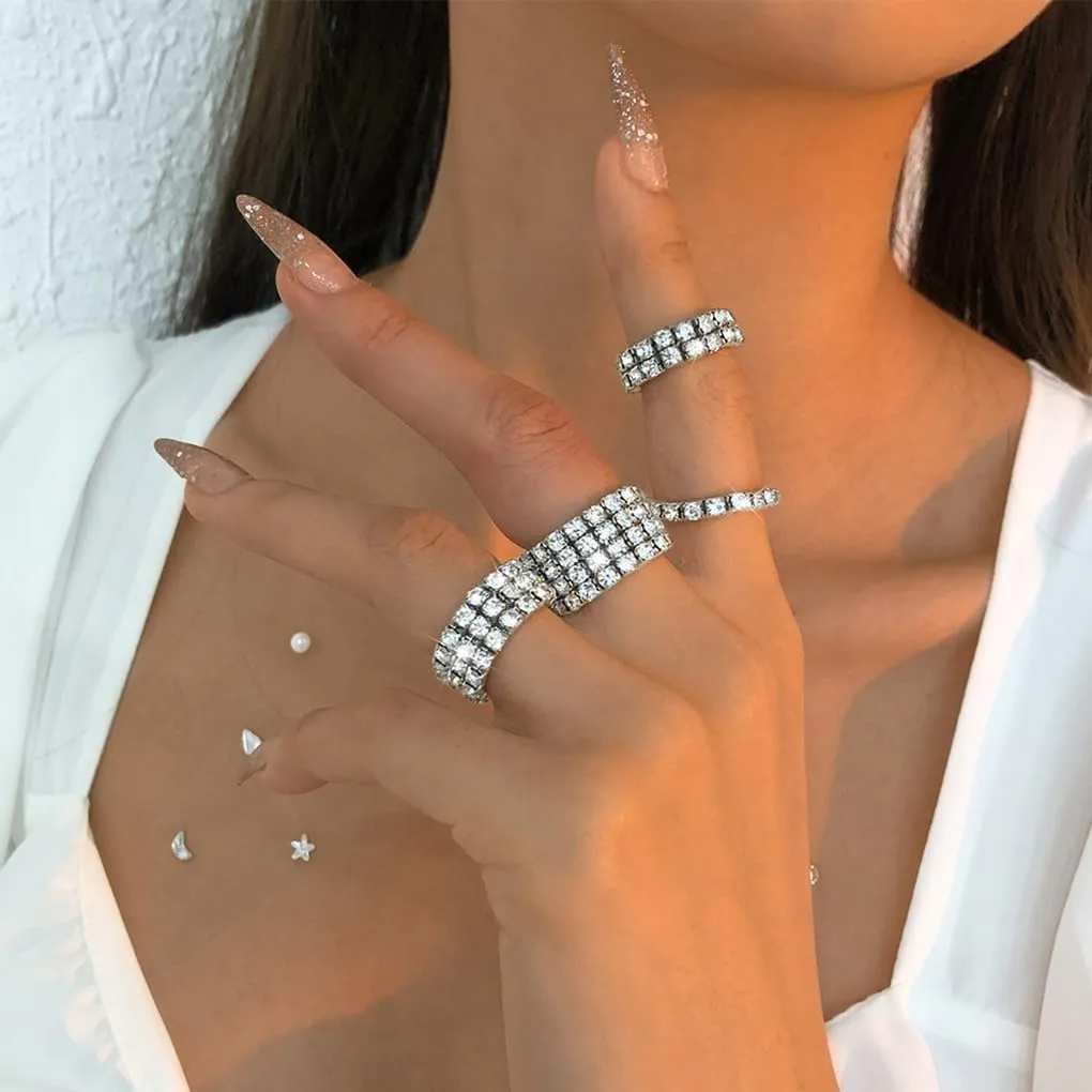 Gold Rhinestone Elastic Rings Set for Women Fashion Stackable Silver Cubic Zirconia Finger Rings Sparkle Stretch Knuckle Rings Jewelry Accessories
