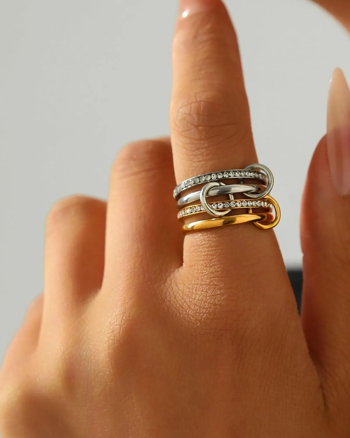 Gold Stackable Rings for Women, Gold Silver Ring Stack Set, Mixed Metal Stacked, Two Tone Connected, Dainty Interlocking Statement Finger Rings Jewelry