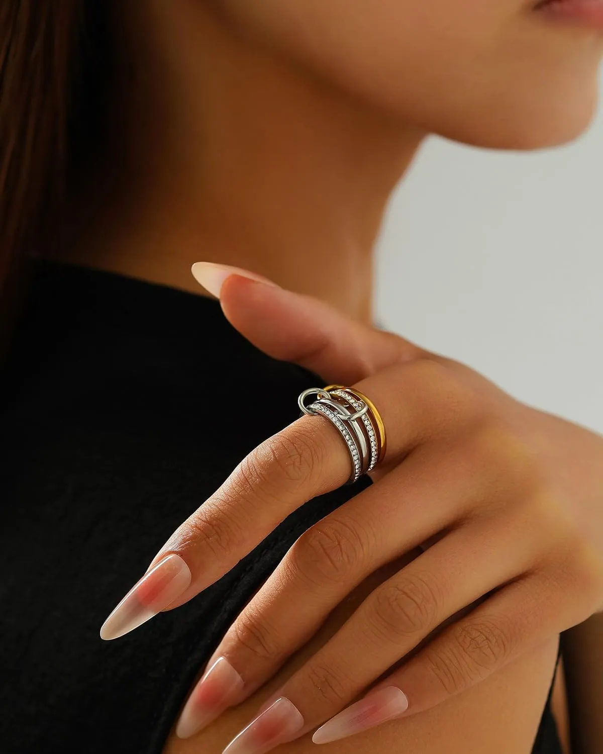 Gold Stackable Rings for Women, Gold Silver Ring Stack Set, Mixed Metal Stacked, Two Tone Connected, Dainty Interlocking Statement Finger Rings Jewelry