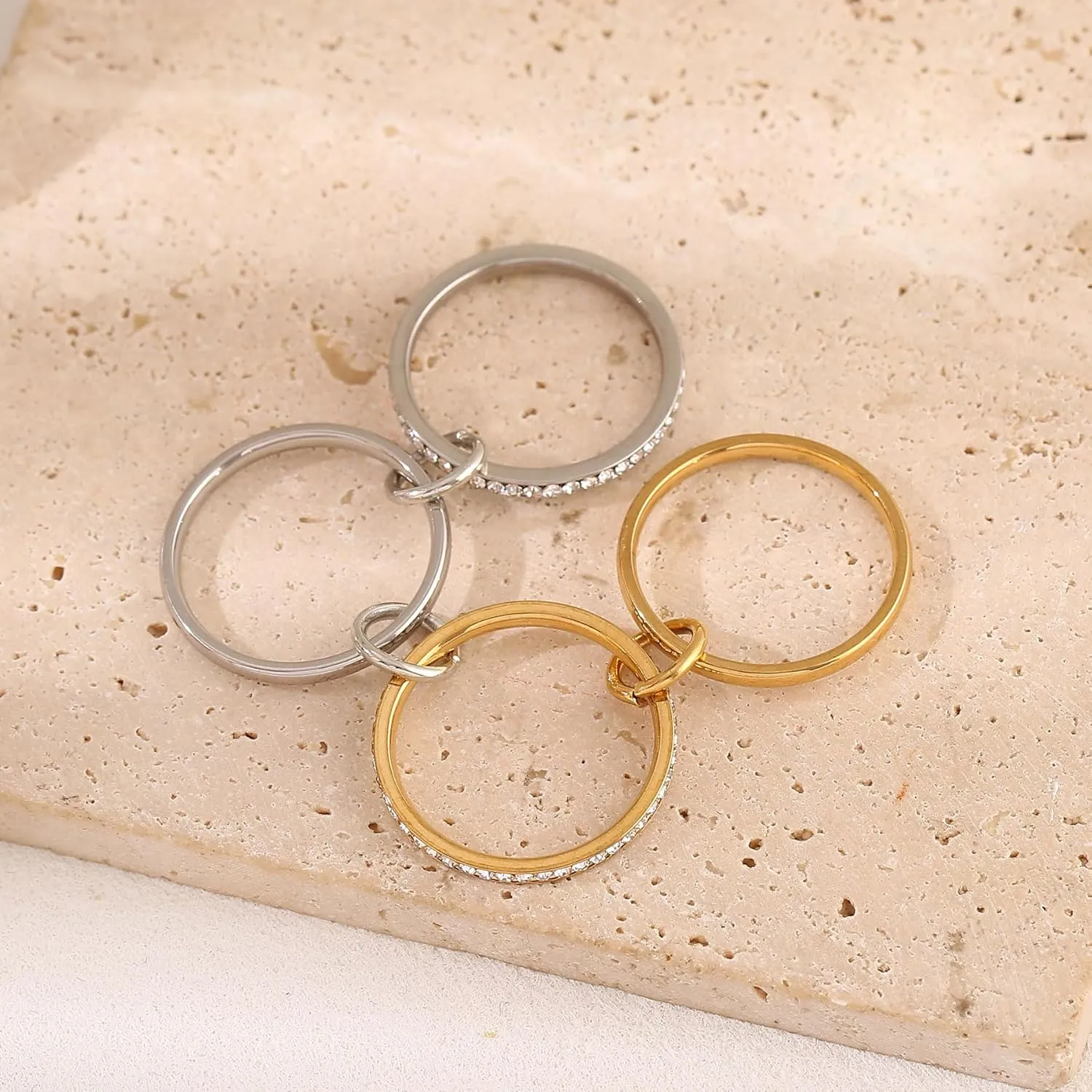 Gold Stackable Rings for Women, Gold Silver Ring Stack Set, Mixed Metal Stacked, Two Tone Connected, Dainty Interlocking Statement Finger Rings Jewelry