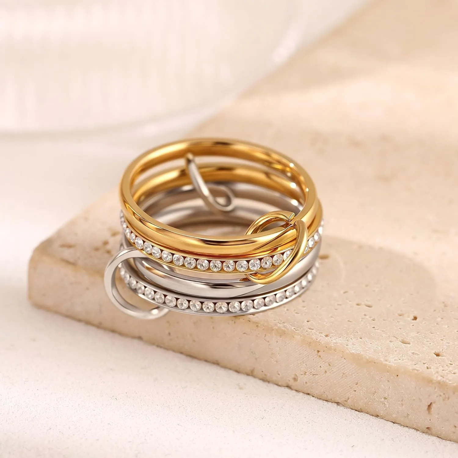 Gold Stackable Rings for Women, Gold Silver Ring Stack Set, Mixed Metal Stacked, Two Tone Connected, Dainty Interlocking Statement Finger Rings Jewelry