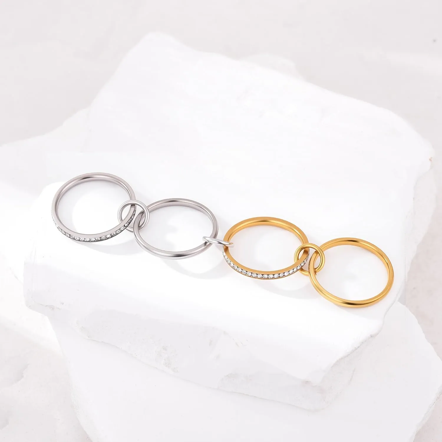 Gold Stackable Rings for Women, Gold Silver Ring Stack Set, Mixed Metal Stacked, Two Tone Connected, Dainty Interlocking Statement Finger Rings Jewelry