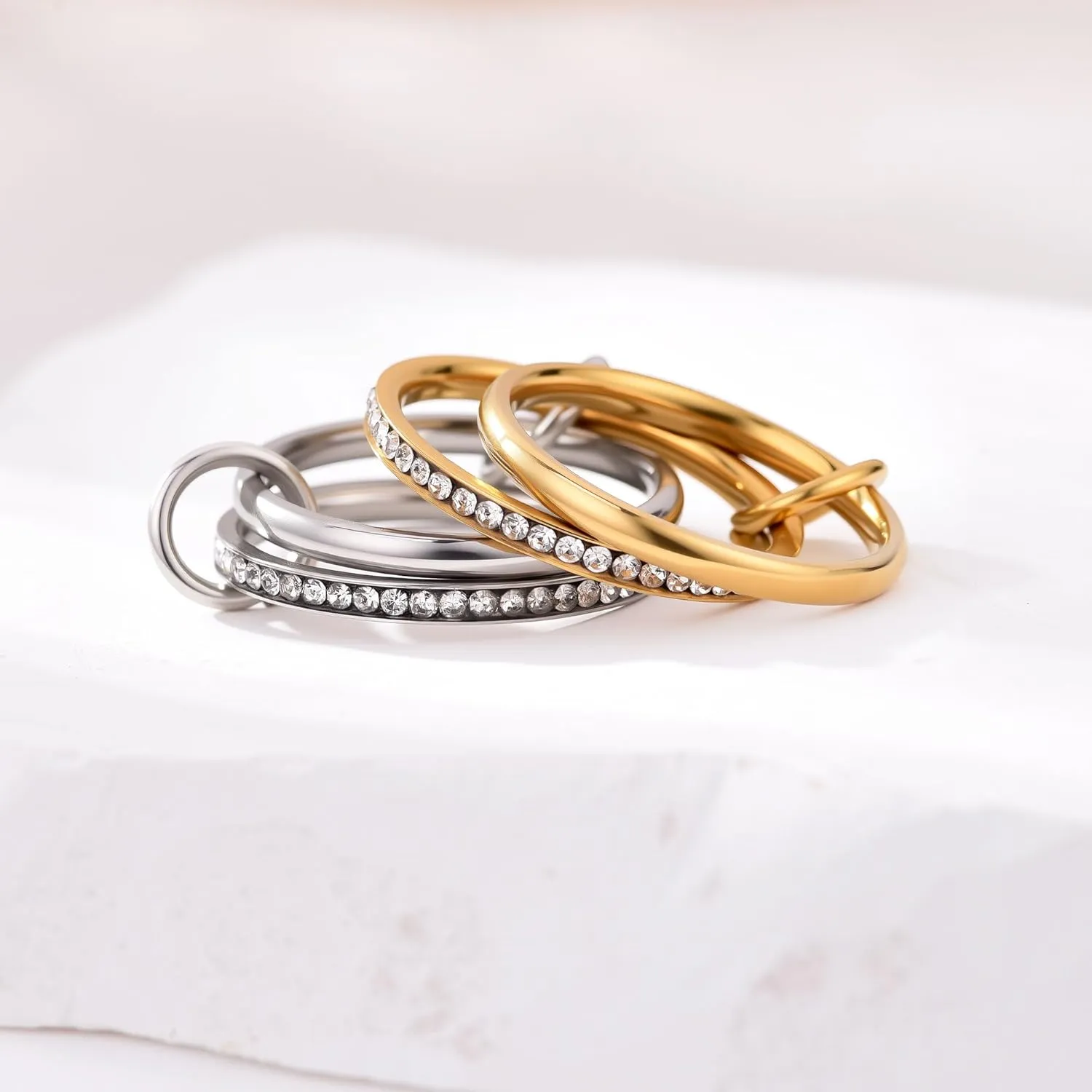 Gold Stackable Rings for Women, Gold Silver Ring Stack Set, Mixed Metal Stacked, Two Tone Connected, Dainty Interlocking Statement Finger Rings Jewelry