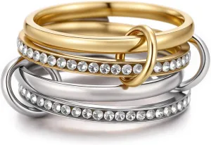 Gold Stackable Rings for Women, Gold Silver Ring Stack Set, Mixed Metal Stacked, Two Tone Connected, Dainty Interlocking Statement Finger Rings Jewelry