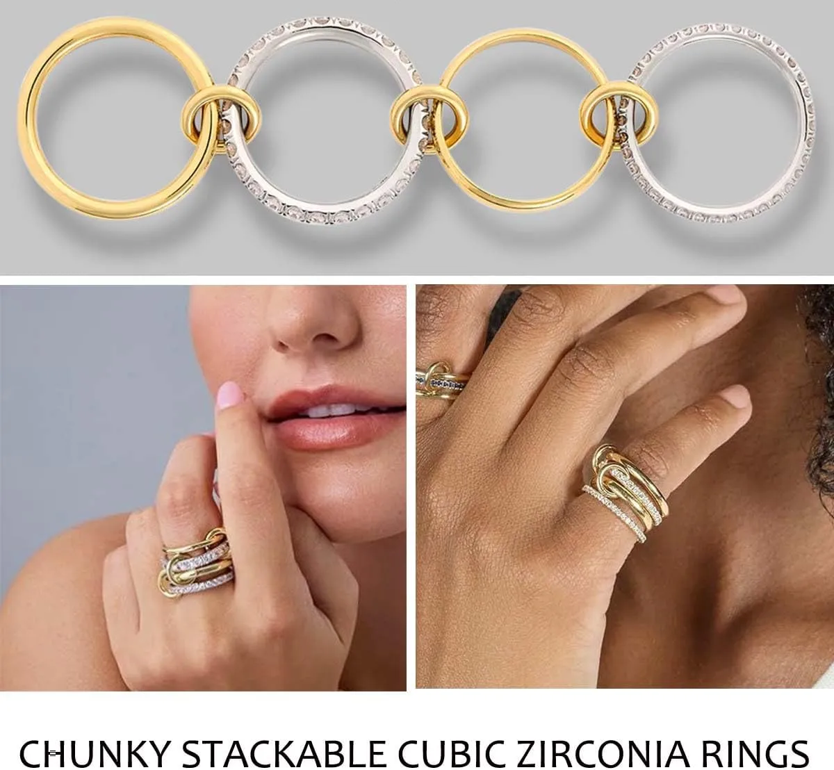 Gold Stackable Rings for Women Non Tarnish, 18k Gold Plated Cubic Zirconia Rings, Silver Multi-Link Connected Knuckle Women Stack Rings Set