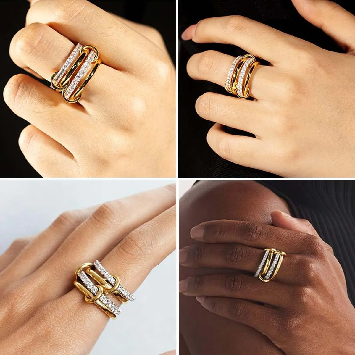 Gold Stackable Rings for Women Non Tarnish, 18k Gold Plated Cubic Zirconia Rings, Silver Multi-Link Connected Knuckle Women Stack Rings Set