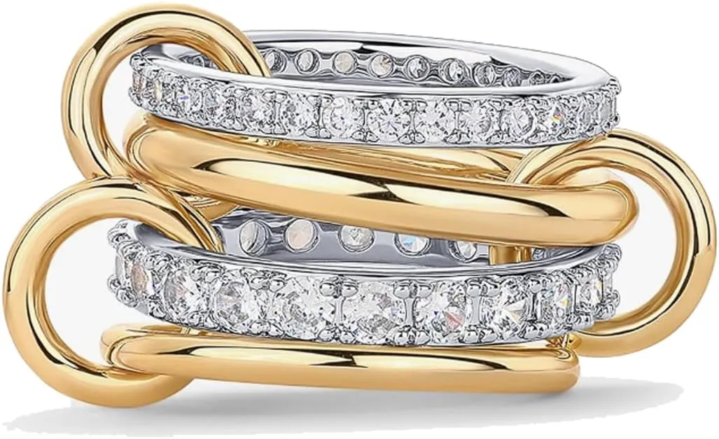 Gold Stackable Rings for Women Non Tarnish, 18k Gold Plated Cubic Zirconia Rings, Silver Multi-Link Connected Knuckle Women Stack Rings Set