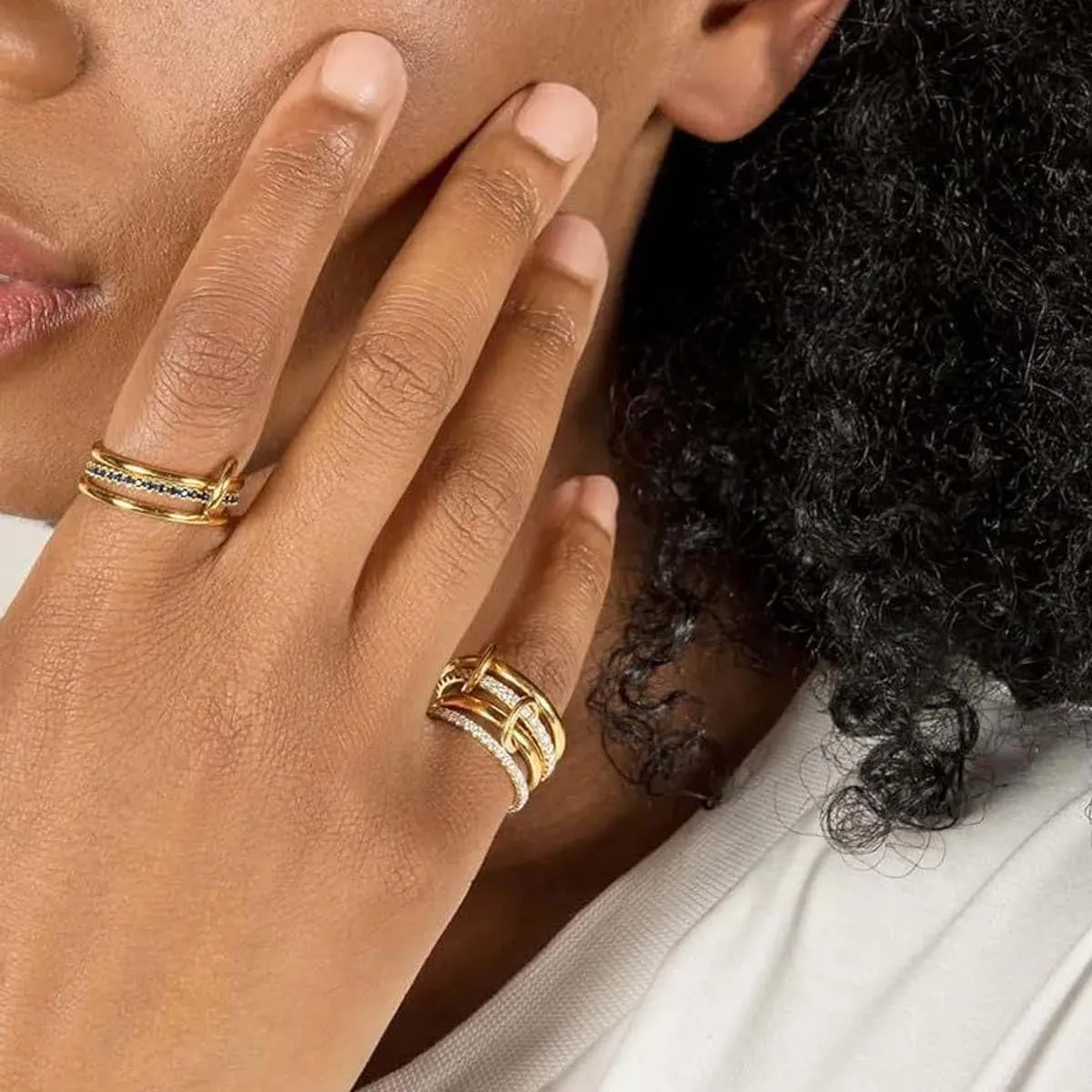 Gold Stackable Rings for Women Non Tarnish, 18k Gold Plated Cubic Zirconia Rings, Silver Multi-Link Connected Knuckle Women Stack Rings Set