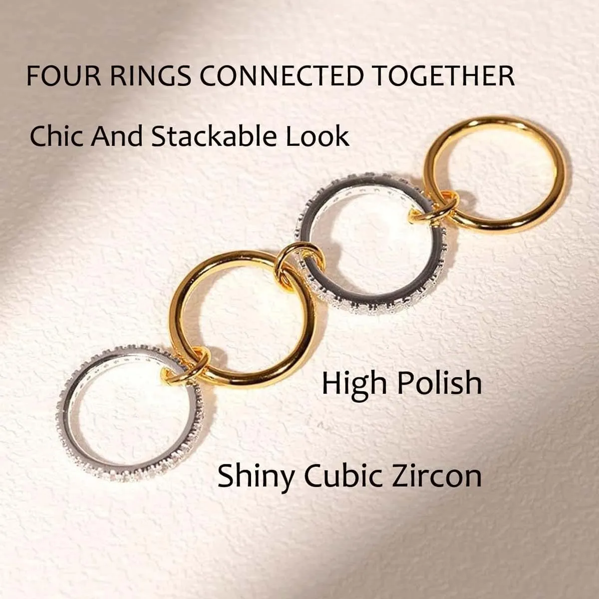 Gold Stackable Rings for Women Non Tarnish, 18k Gold Plated Cubic Zirconia Rings, Silver Multi-Link Connected Knuckle Women Stack Rings Set