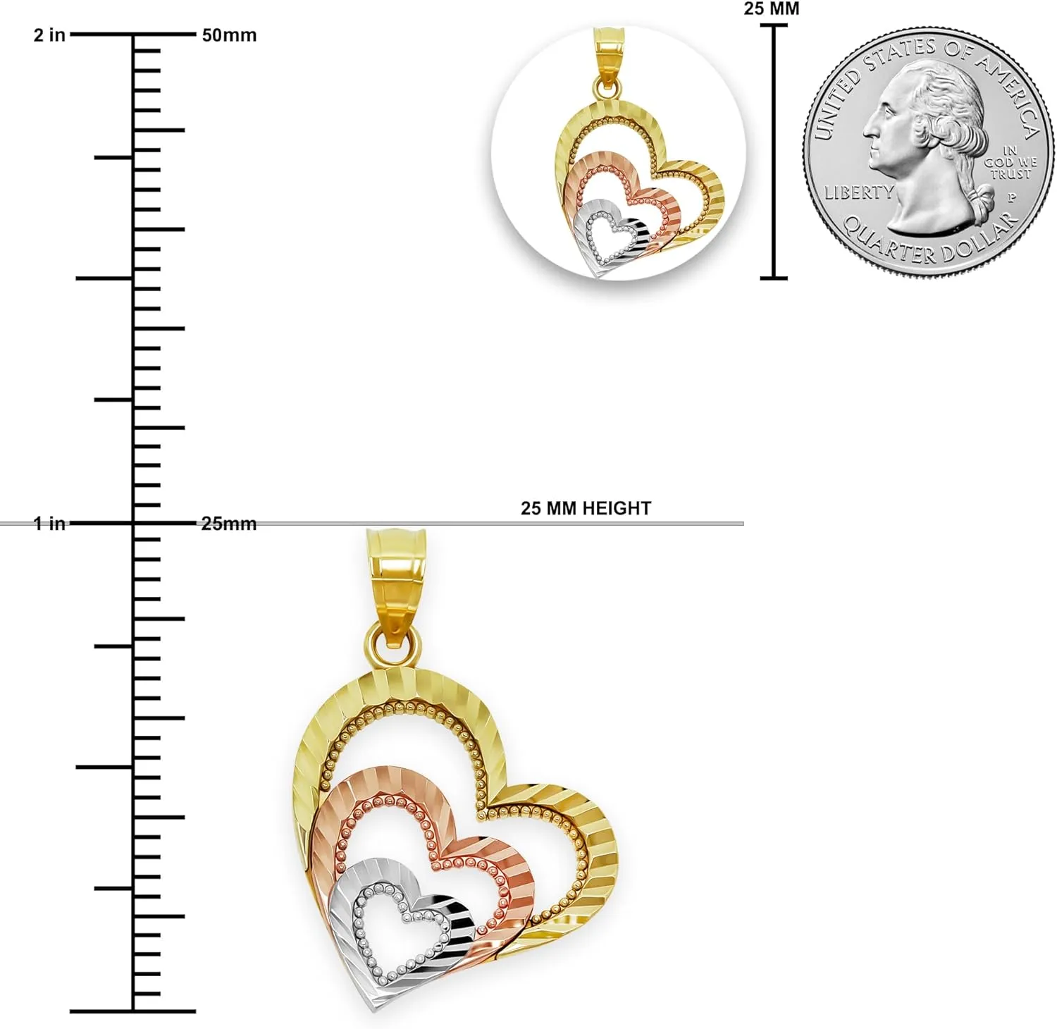 Gold Triple Heart Pendant Charm- 10 Karat Gold - Tri Color Heart Jewelry Charm - Heart Jewelry