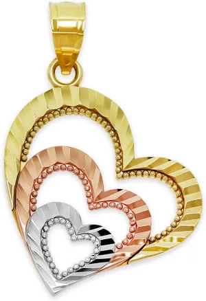 Gold Triple Heart Pendant Charm- 10 Karat Gold - Tri Color Heart Jewelry Charm - Heart Jewelry