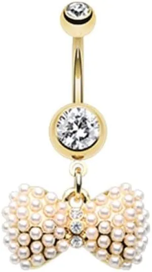 Golden Vintage Pearl Bow Tie Gem Cubic Zirconia Navel Dangle Belly Button Ring