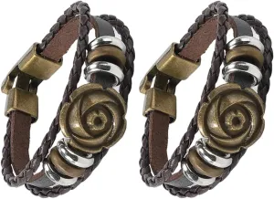 GORGECRAFT 2Pcs Boho Leather Bracelets Coconut Brown Mens Genuine Leather Bracelet Braided Bangle Wristband Adjustable Multi-Strand Bracelets Alloy Rose Flower Bracelets Cuff Wristband for Halloween