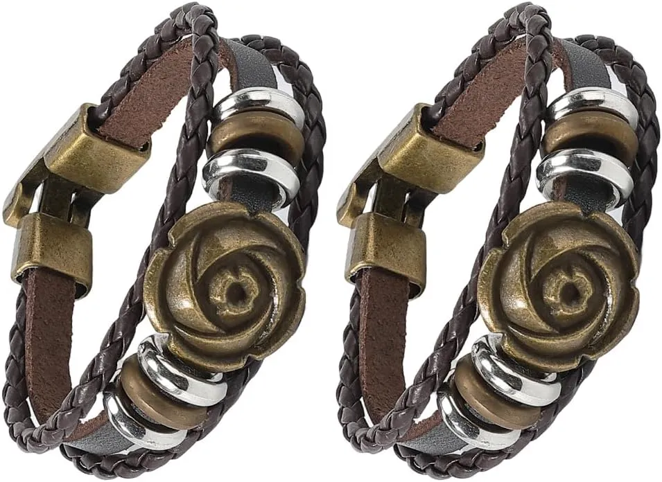 GORGECRAFT 2Pcs Boho Leather Bracelets Coconut Brown Mens Genuine Leather Bracelet Braided Bangle Wristband Adjustable Multi-Strand Bracelets Alloy Rose Flower Bracelets Cuff Wristband for Halloween