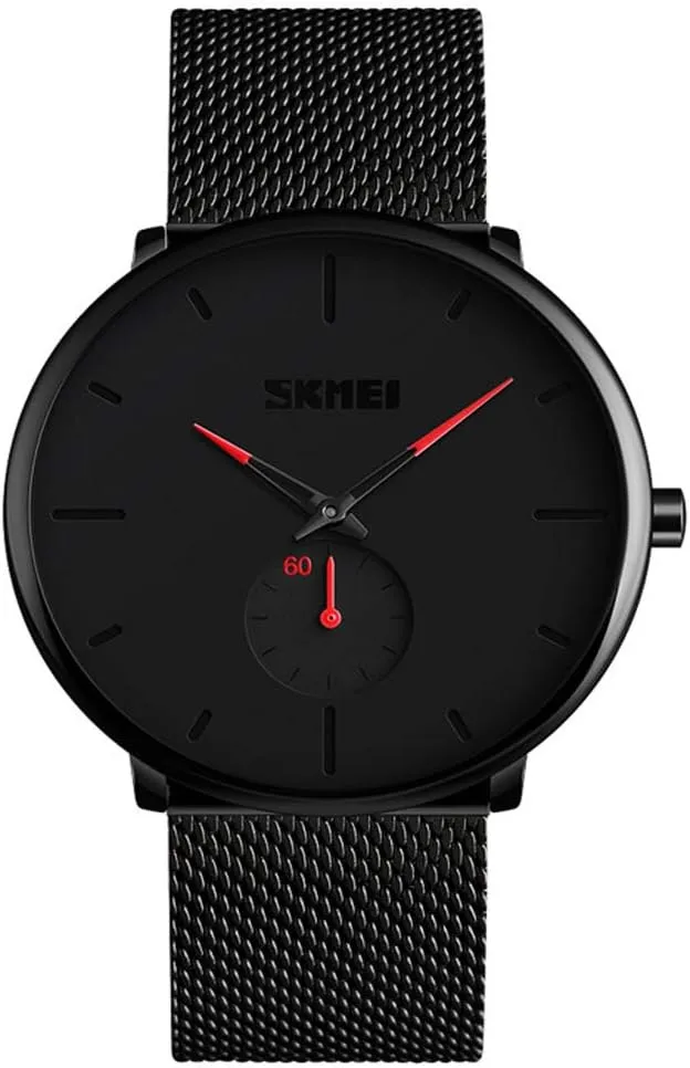 Gosasa Mens Watches Ultra Thin Wrist Watches for Men Minimalist Waterproof Quartz Analog Stainless Steel Mesh Band Watch (Red)