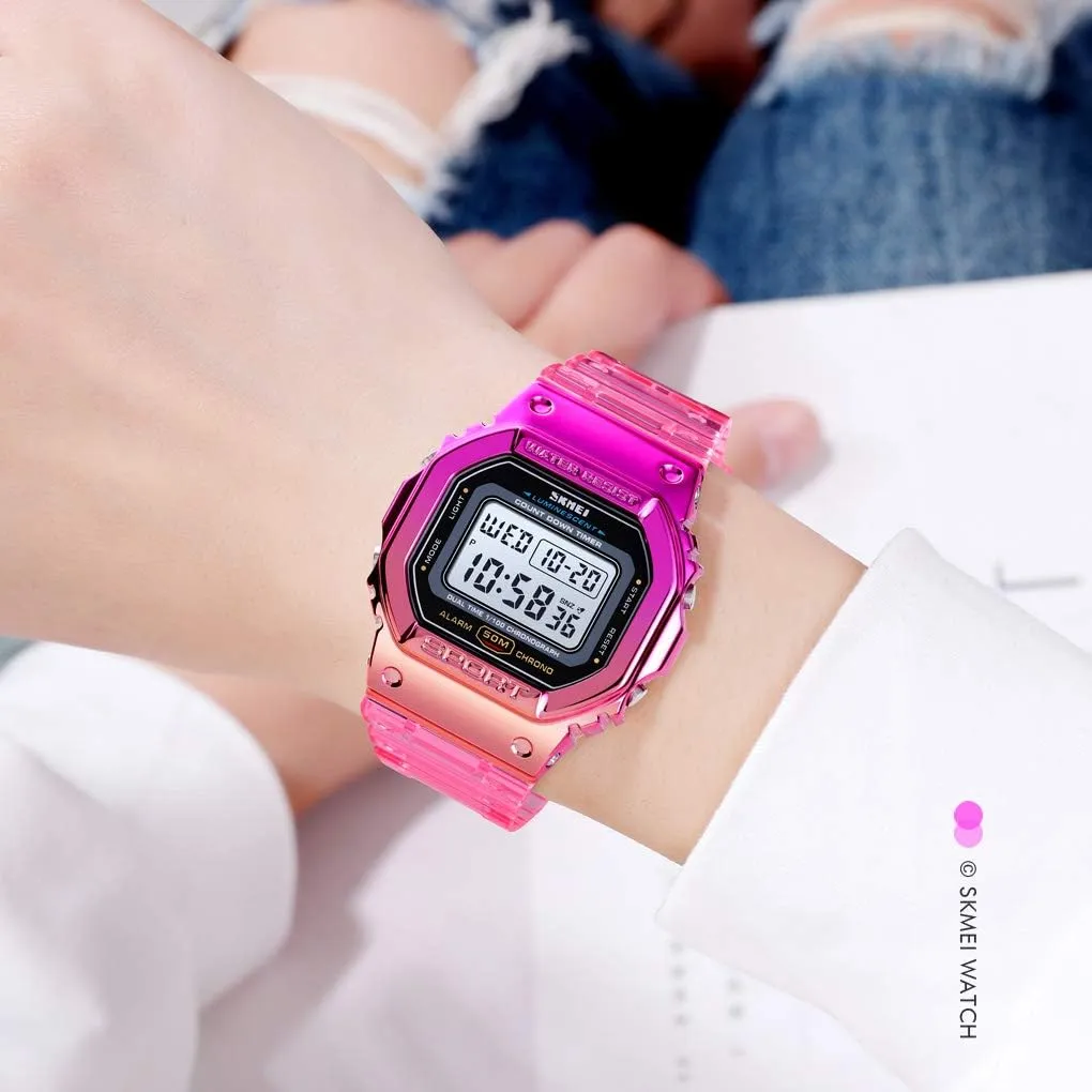 Gosasa Womens Watch Gradient Color Silicone Plating Digital Electronic Waterproof Sports Wristwatches Casual Watch Student Watches