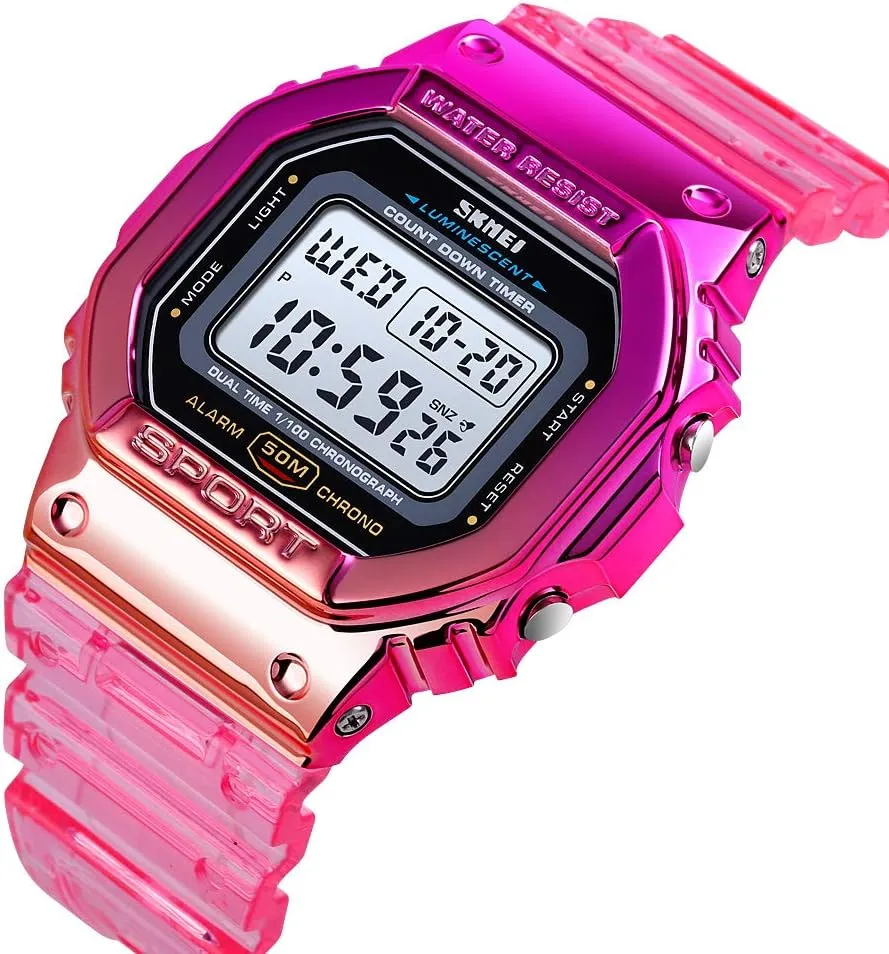 Gosasa Womens Watch Gradient Color Silicone Plating Digital Electronic Waterproof Sports Wristwatches Casual Watch Student Watches