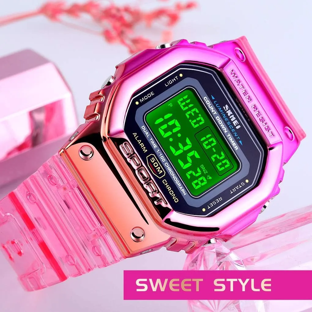 Gosasa Womens Watch Gradient Color Silicone Plating Digital Electronic Waterproof Sports Wristwatches Casual Watch Student Watches