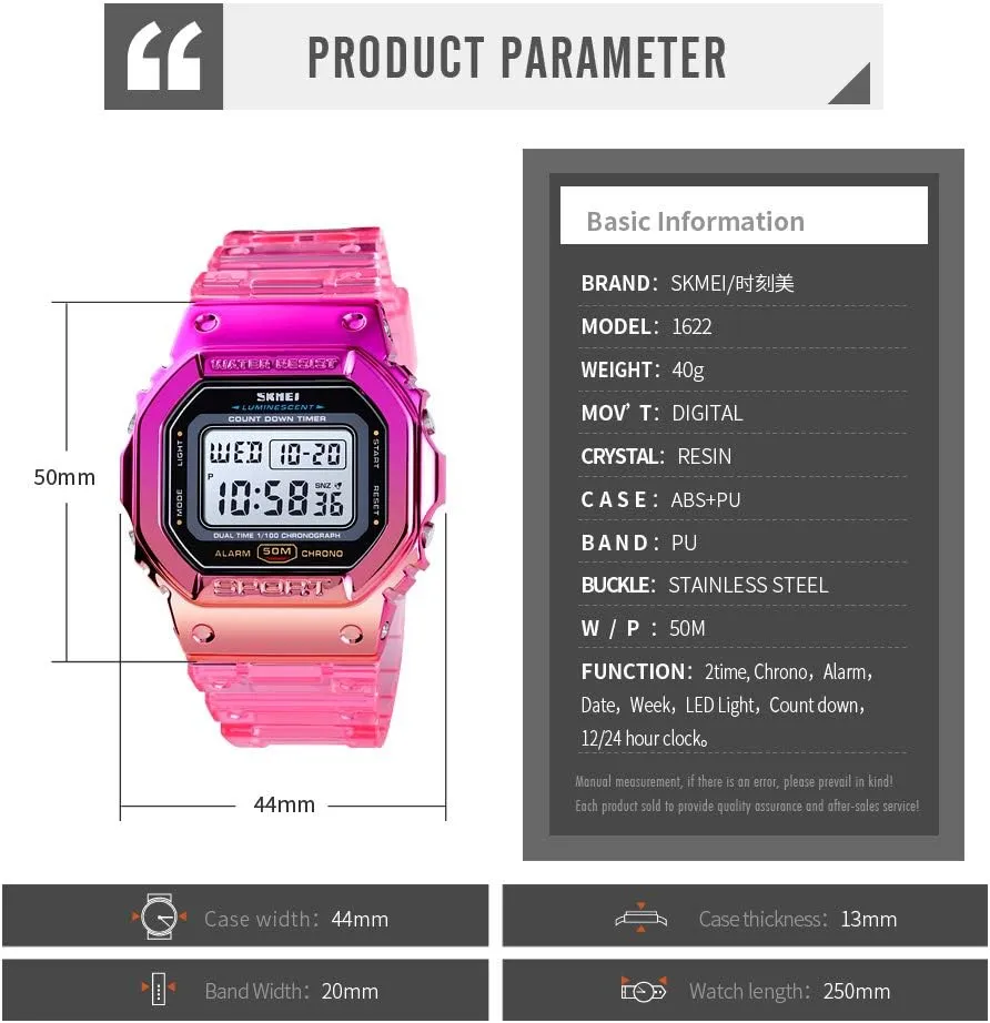 Gosasa Womens Watch Gradient Color Silicone Plating Digital Electronic Waterproof Sports Wristwatches Casual Watch Student Watches