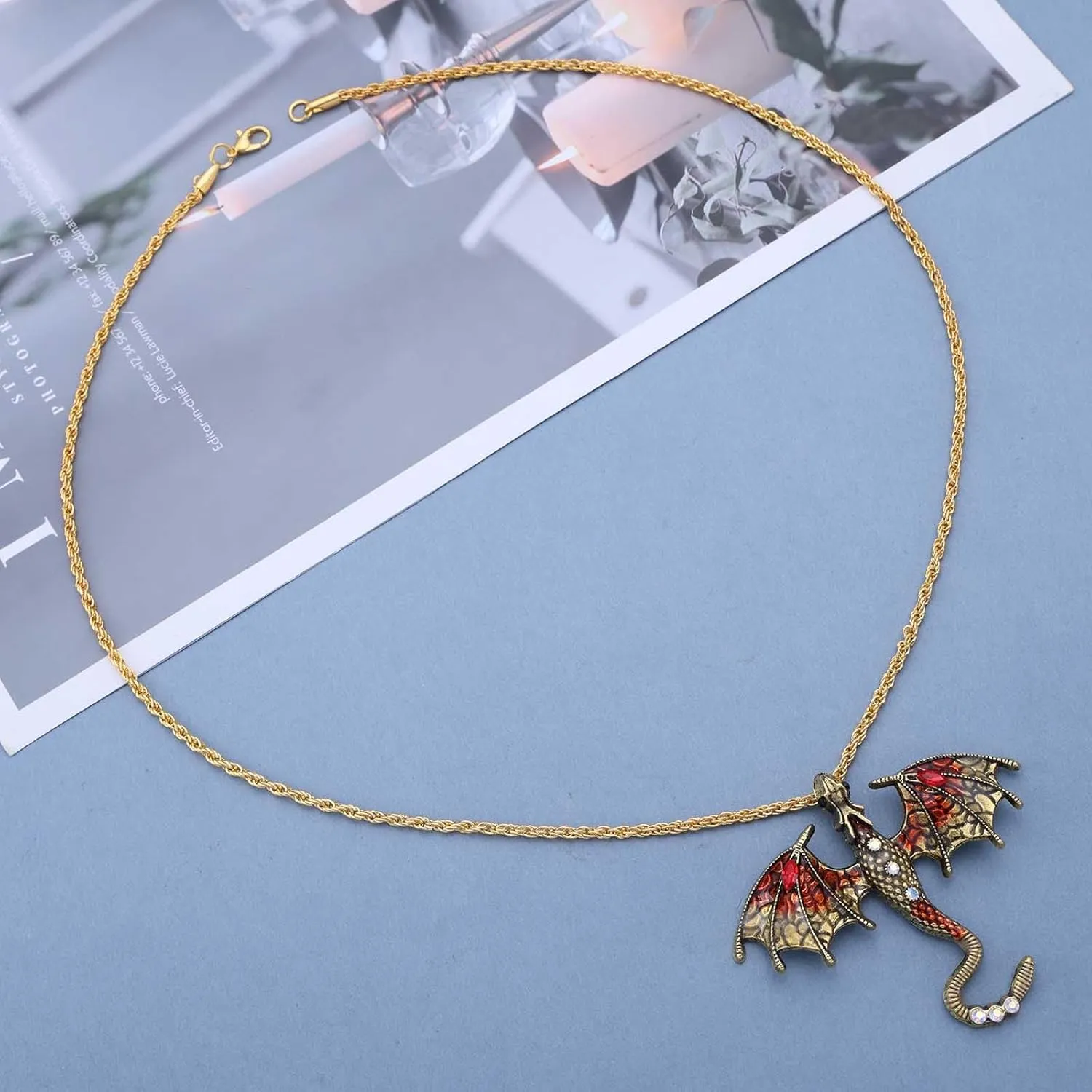 Gothic Crystal Dragon Necklace Diamond Cz Enamel Dragon Pendant Necklace Gold Rope Chain Cartoon Flying Dragon Necklace Vintage Dragon Dinosaur Choker Necklace Jewelry for Women and Men
