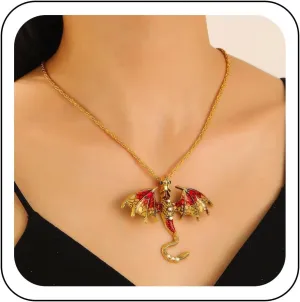 Gothic Crystal Dragon Necklace Diamond Cz Enamel Dragon Pendant Necklace Gold Rope Chain Cartoon Flying Dragon Necklace Vintage Dragon Dinosaur Choker Necklace Jewelry for Women and Men
