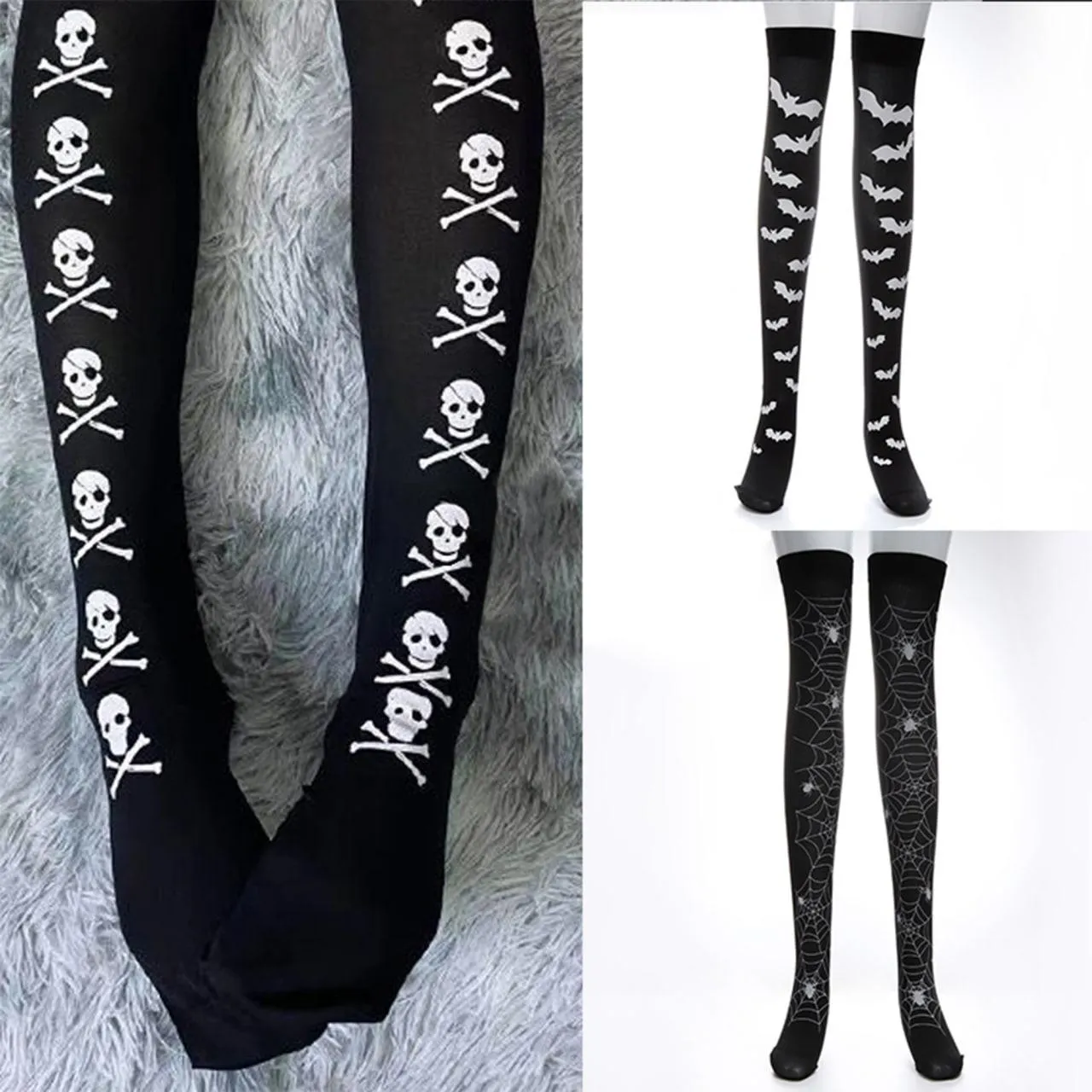 Gothic Skull Bat Spider Socks Collection, Sexy Over Knee Tights For Women