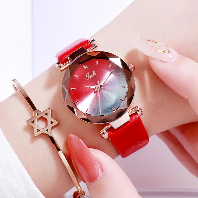 Gradient Dial Leather Strap Women's Watch