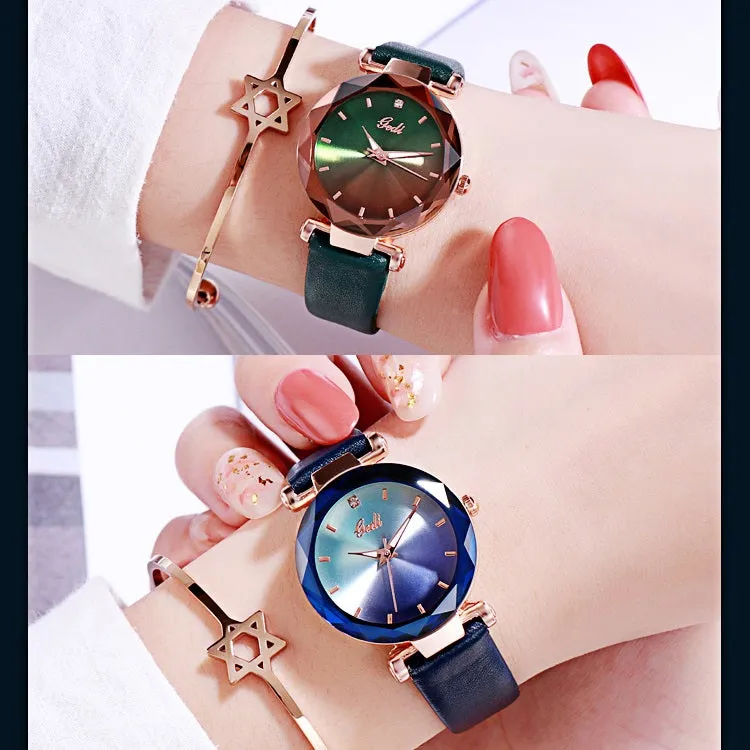 Gradient Dial Leather Strap Women's Watch