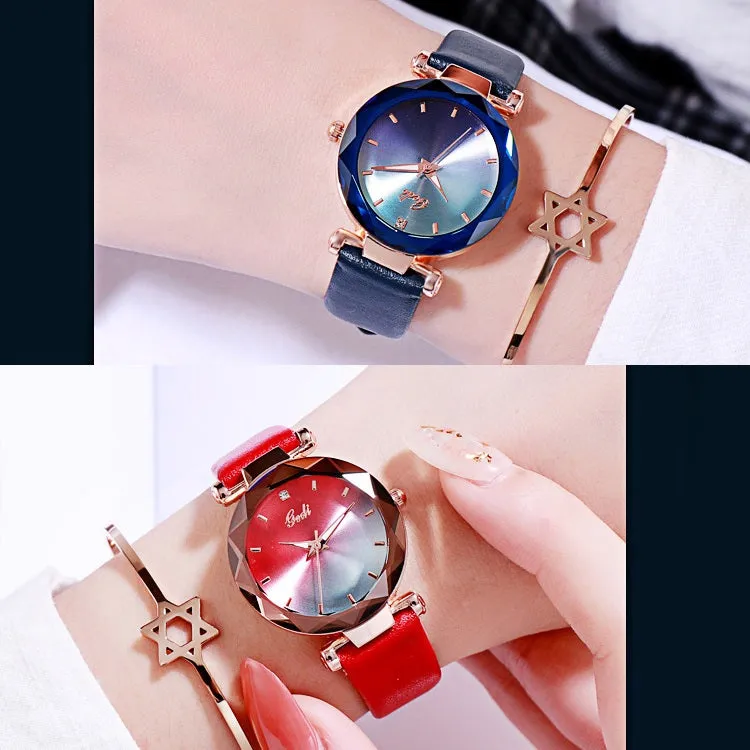 Gradient Dial Leather Strap Women's Watch
