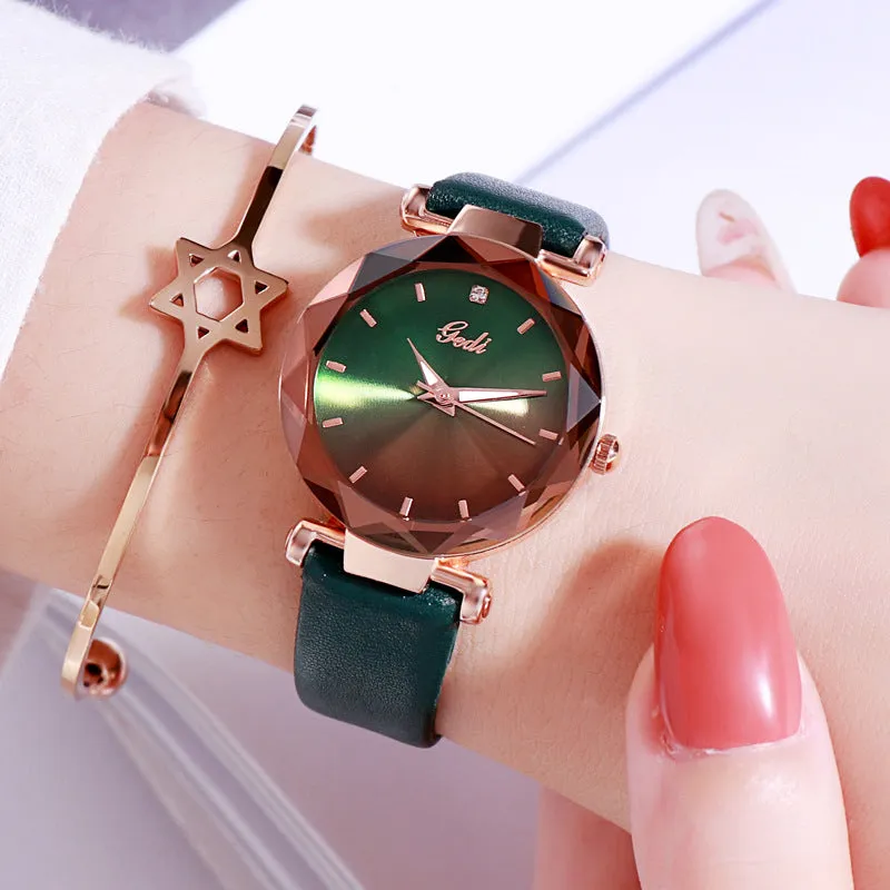 Gradient Dial Leather Strap Women's Watch
